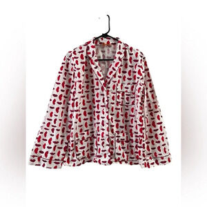 Tory Burch lips red and white long sleeve button down pajama top